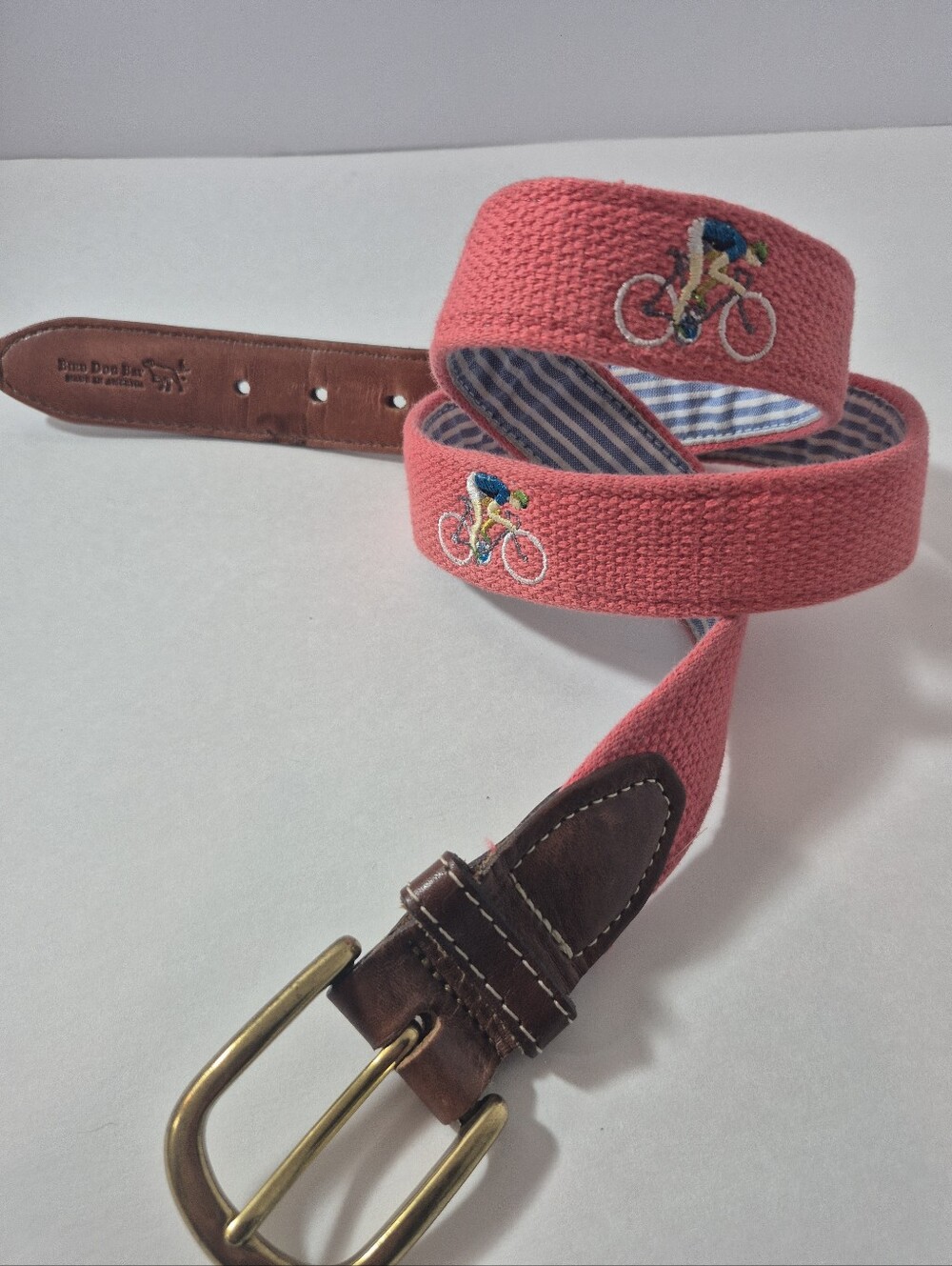 Bird Dog Bay Men’s Blue/Pink Embroidered Belt 34/35 Brass
